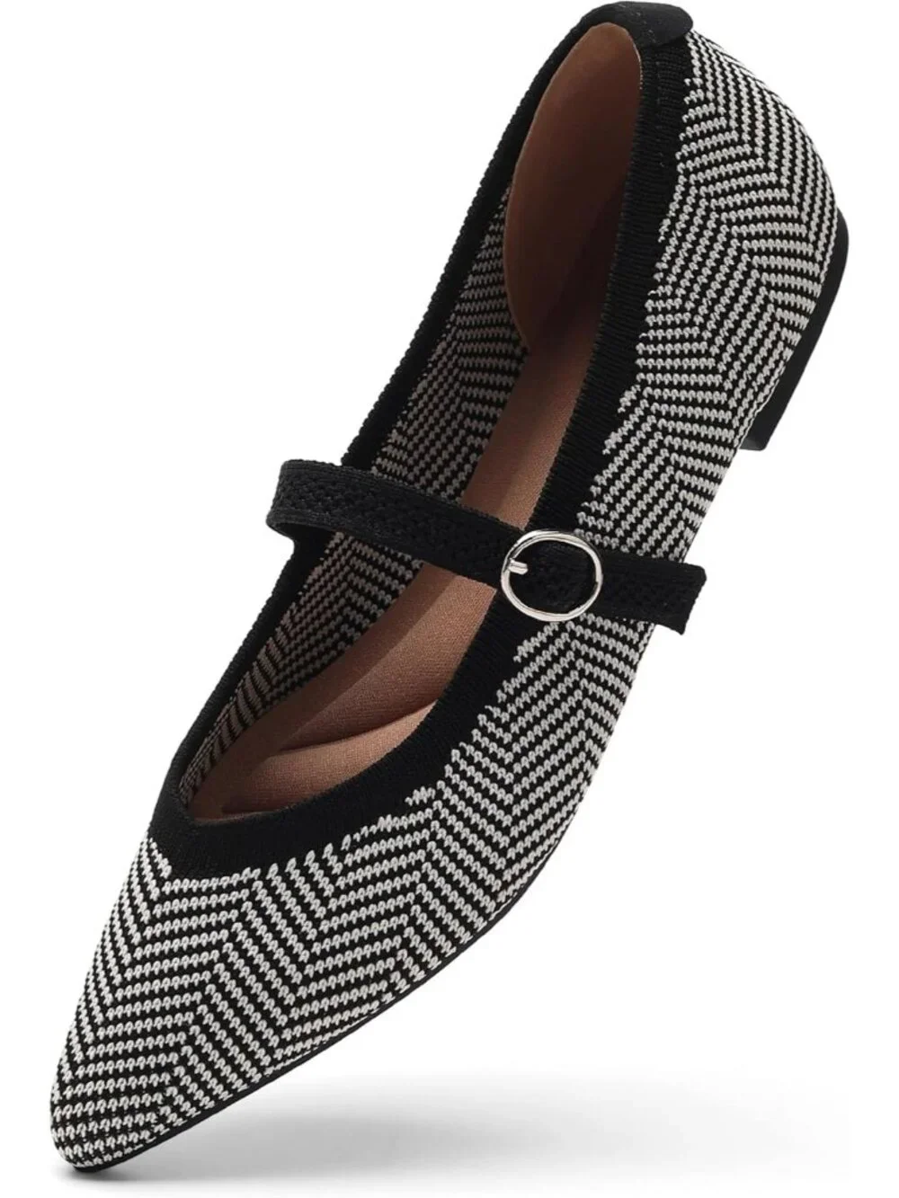 Women's Black Knit Flats Pointed Tip Casual Ballet Flat Shoes with Ankle Strap